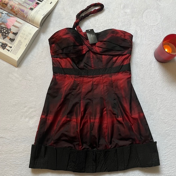 BCBGMaxAzria Dresses & Skirts - BCBG One Shoulder Black Red Mini Taffeta Dress